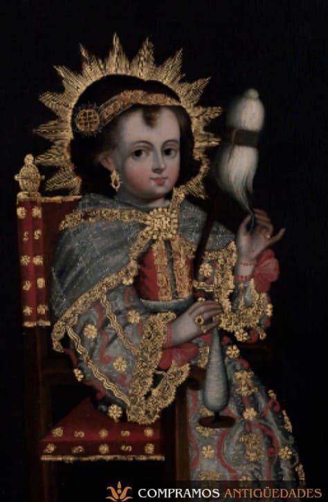 Cuadro colonial religioso en oro, pintura colonial antigua niño Jesús