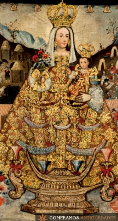 Pintura colonial de Virgen en oro, cuadro colonial antiguo de la Virgen, Cuadro colonial precio